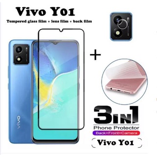 (3 In 1) Vivo Y01 กระจกนิรภัยใส ป้องกันหน้าจอ + ฟิล์มกล้อง + ฟิล์มด้านหลัง สําหรับ Vivo Y15S Y15A ฟิล์มกระจกนิรภัย