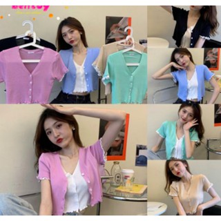 *พร้อมส่ง*เสื้อคาดิแกนแบบ2ชั้นกระดุมหน้าแขนสั้นNO.8179-1