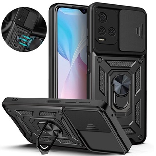 Slide Camera Shockproof Armor Phone Case For Vivo Y21 Y15S Y15A Y21S Y21T Y33T Y76S Y76 V23 V23E 5G Car Magnetic Holder Ring Stand Back Cover for Vivo Y33S Y32 Protect Casing Shell