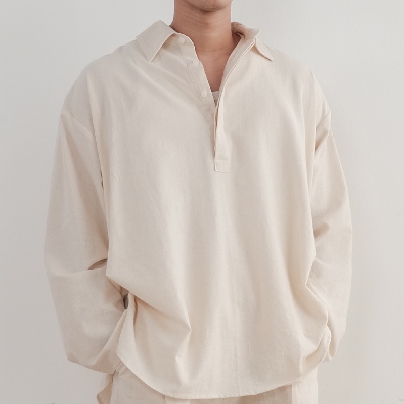 05 Haus Maxi Wide Shirt in Natural | เสื้อเชิ้ตคอเปิดทรงหลวมพิเศษผ้าลินินฝ้าย สีเบจธรรมชาติ