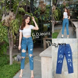 G.D.Jeans รุ่น 1268#กางเกงยีนส์ผ้าด้านขายาวสีฟอกเล่นสะกิดขาดแบบเก๋ๆ 💦💦