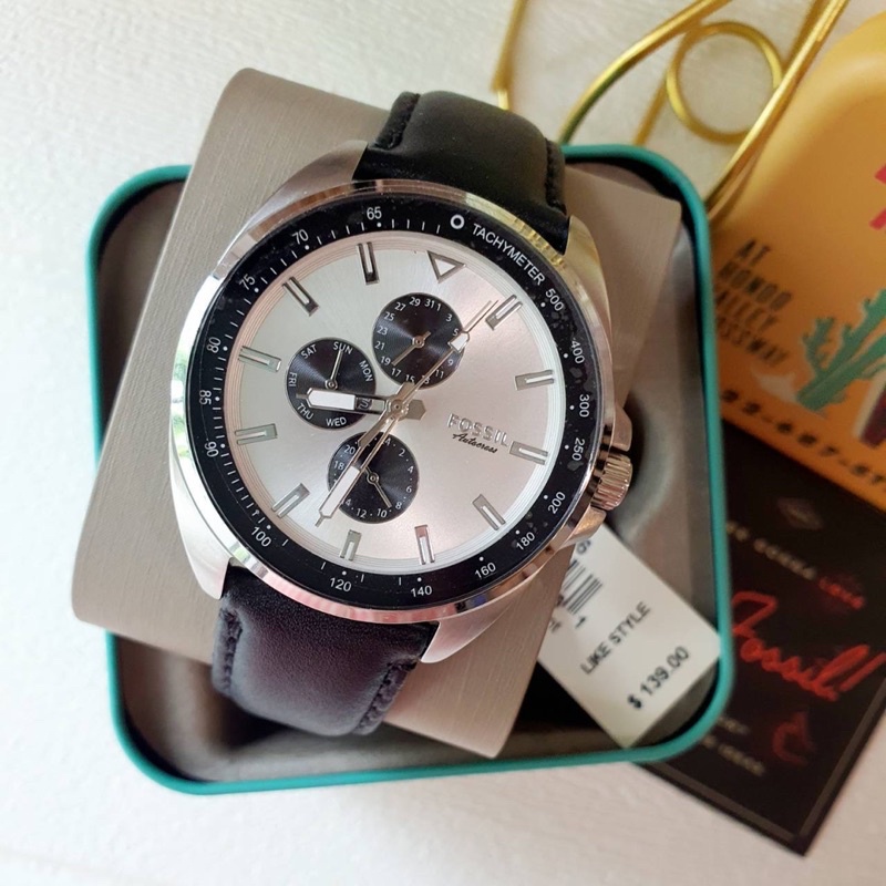 👑ผ่อน0%~แท้100%👑 BQ2556 Fossil Men's Autocross Multifunction Black Leather Silver Dial Watch BQ2556 นาฬิกาข้อมือ