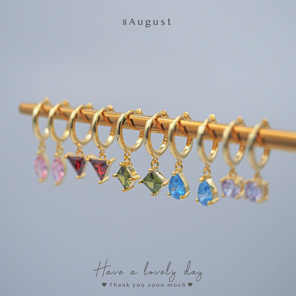 8August ต่างหูเงินแท้ ต่างหูห่วง ประดับเพชร 5 แบบ 5 สี collection สุดคิวท์ ขนาด 9 mm  Hoop Earrings 