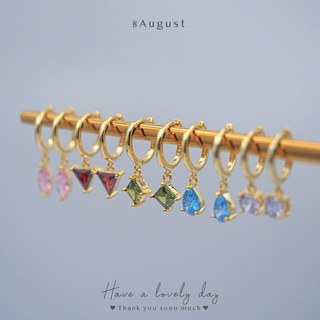 8August ต่างหูเงินแท้ ต่างหูห่วง ประดับเพชร 5 แบบ 5 สี collection สุดคิวท์ ขนาด 9 mm  Hoop Earrings S925 (A52)