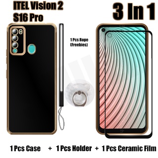 3 IN 1 itel Vision 2 itel S16 Pro เคส พร้อมกระจกนิรภัยโค้ง เซรามิค ป้องกันหน้าจอ และตัวยึด ซิลิโคน สายคล้อง เคสโทรศัพท์