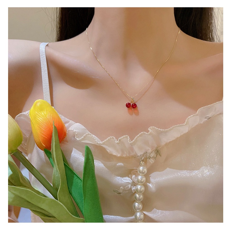 สไตล์ใหม่ สีแดง เชอร์รี่ จี้ โลหะ กระดูกไหปลาร้า โซ่ ทองเหลือง สร้อยคอโช้คเกอร์ สําหรับผู้หญิง เด็กผู้หญิง งานเลี้ยงวันเกิด เครื่องประดับ