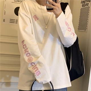 ins ฮาราจูกุ ฤดูใบไม้ร่วง เสื้อยืดแขนยาวผู้หญิง oversize เสื้อผ้าแฟชั่นผู้หญิงสีขาว ขนาดใหญ่