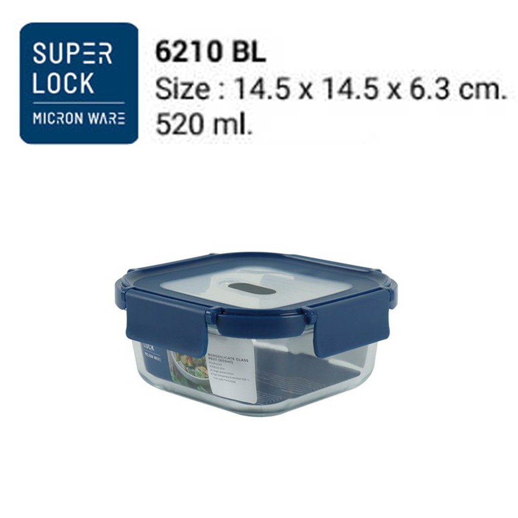 Superlock Glass รุ่น 6210 กล่องแก้วถนอมอาหาร ทรงจตุรัส ล็อก 2 ชั้น รุ่น Color Series ความจุ 520 มล. สีฟ้า