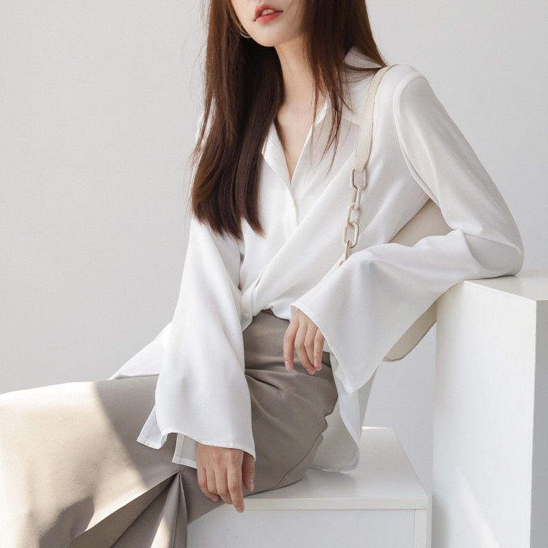 พร้อมส่ง เสื้อเชิ้ตแขนยาวคอสี่เหลี่ยมสําหรับผู้หญิงสไตร์เกาหลี