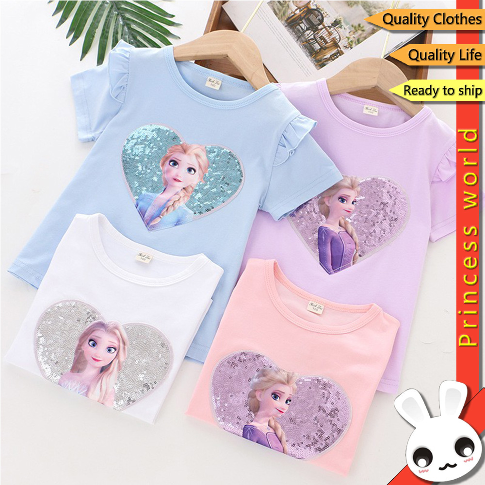 [ขายร้อน] 1-8 ปีเลื่อมเอลซาแช่แข็งเสื้อเจ้าหญิงเด็กสาวแขนสั้นเสื้อด้านบนผ้าฝ้ายสาวเสื้อผ้าแฟชั่น