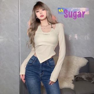 Sugar🌈พร้อมส่ง🌈เสื้อยืด แขนยาว มีลูกเล่นตรงคอ ปลายหน้าสามเหลี่ยม คุณหนูมาก(752)