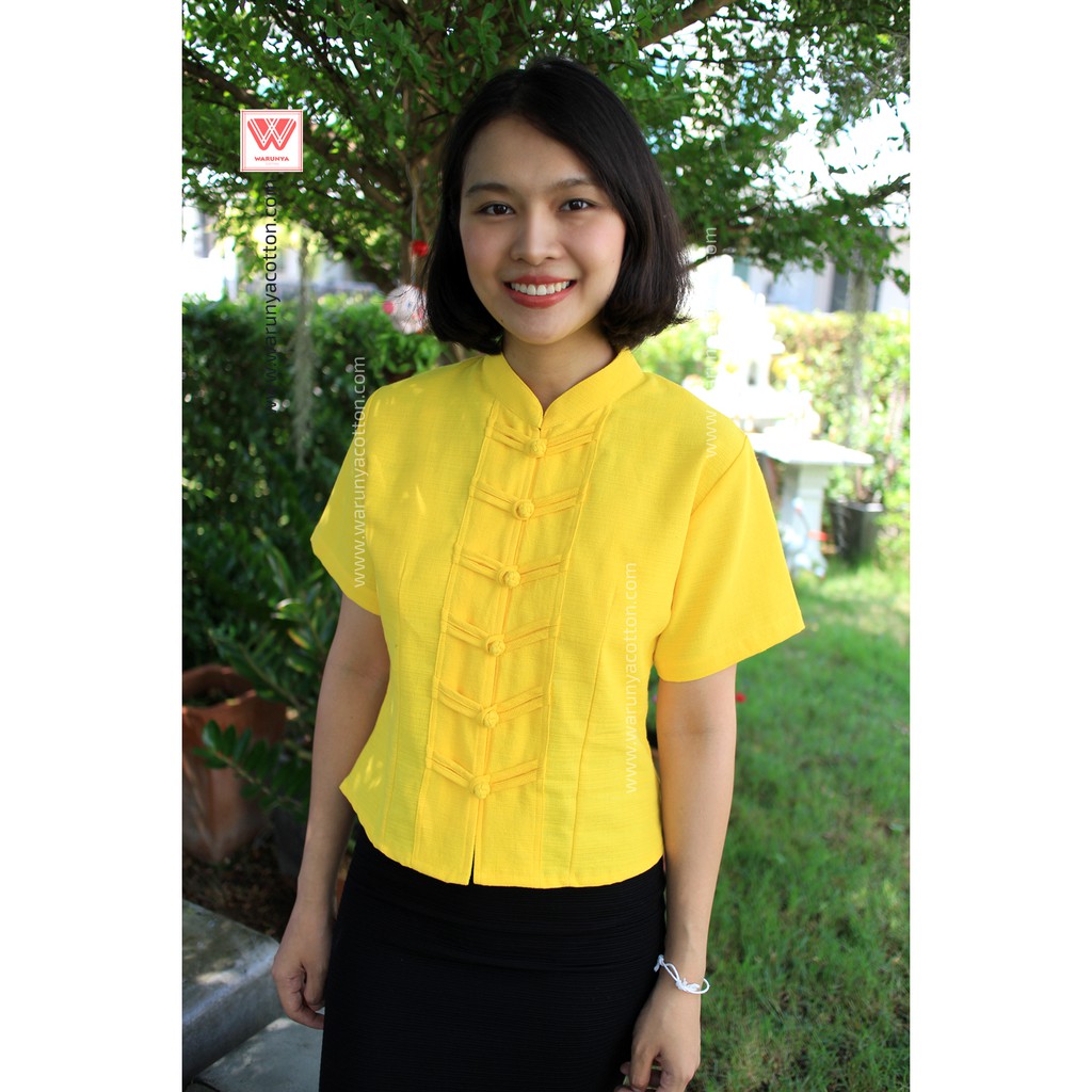 เสื้อผ้าฝ้ายคอจีนสีเหลือง แขนสั้นผู้หญิง