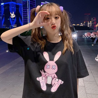 [Spot] summer 2022 new Korean style bunny print slimming all-match loose half sleeve top black short sleeve t-shirt for