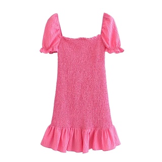 [𝗣𝗥𝗘-𝗢𝗥𝗗𝗘𝗥]👛Pink smock dress เดรสกระโปรงระบาย คอเหลี่ยม สมอคทั้งตัว