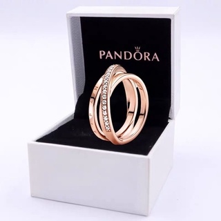 Pandora แหวนหมั้นแต่งงาน ประดับเพชร เพทาย สีโรสโกลด์ 18K สําหรับผู้หญิง