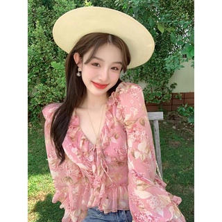 เสื้อเชิ้ต ลายดอกไม้ สีชมพู สําหรับผู้หญิง เสื้อลายดอก