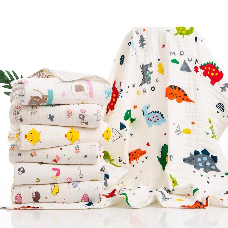 SALE ผ้าห่อตัว ผ้าห่มเด็ก ผ้าปูรองนอน มัสลินคอตอนทอ6ชั้น เนื้อหนานุ่ม ขนาด110*110cm