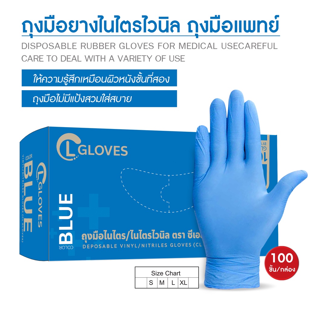 (สีฟ้า) ถุงมือยางไนไตรผสมไวนิล 100 ชิ้น/กล่อง ไซส์ S,M,L ชนิดไม่มีแป้ง คุณภาพดีที่สุด! ถุงมือไนไตร ถุงมือยาง