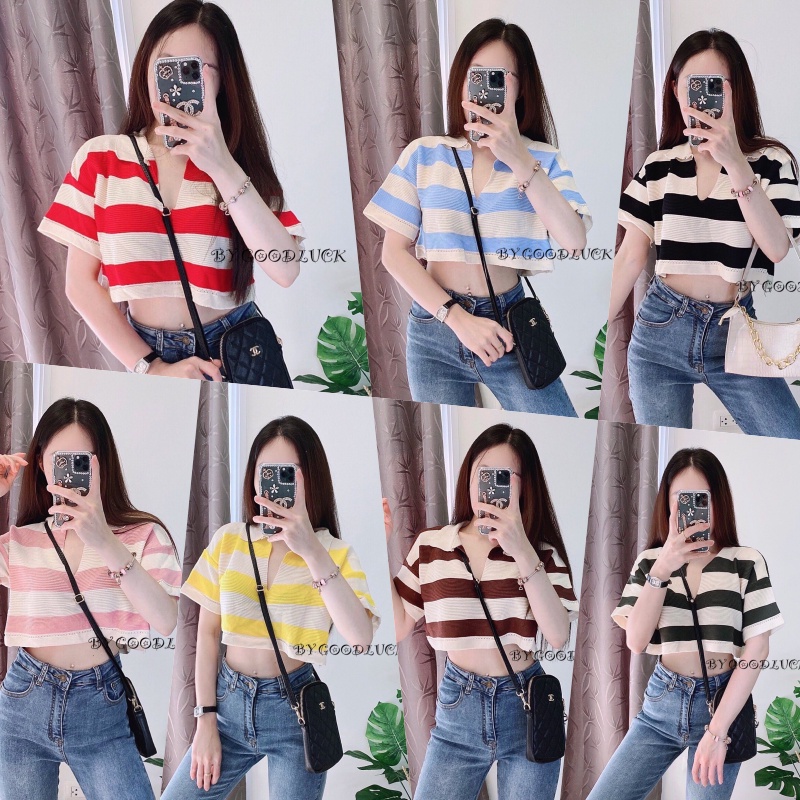SpinnyHouse เสื้อครอป CROPTOP แต่งลายทาง แขนสั้น ครอปเก๋ น่ารัก ผ้ายืดใส่สบายไม่ร้อน คอปก รุ่น ขนุนแขนสั้น F101C