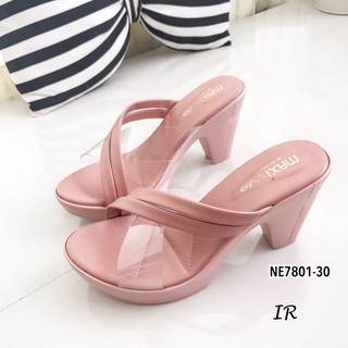 NE7801-30 รองเท้าส้นสูง หนังนิ่มสวมไขว้ตัดกับพลาสติก พื้นนวมนิ่มส้นพียูเบาหนา