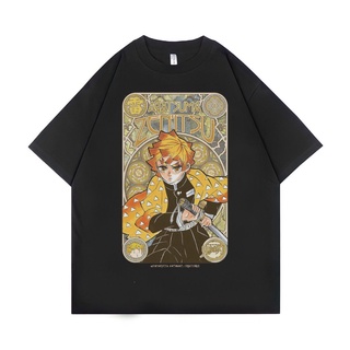 ผ้าฝ้ายคอกลมเสื้อยืด ขนาดใหญ่ พิมพ์ลาย Psycho Crucify Zenitsu Agatsuma | สีดํา | เสื้อเชิ้ต ลาย Demon Slayer | เสื้อยืด