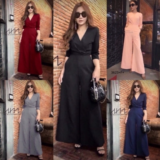 👗Pfashion [ส่งไว!!🚛] P3623 จั้มสูทขายาว แขนศอก คอวีไขว้ขายาวLong-sleeved jumpsuit, elbow sleeves, V-neck, cros