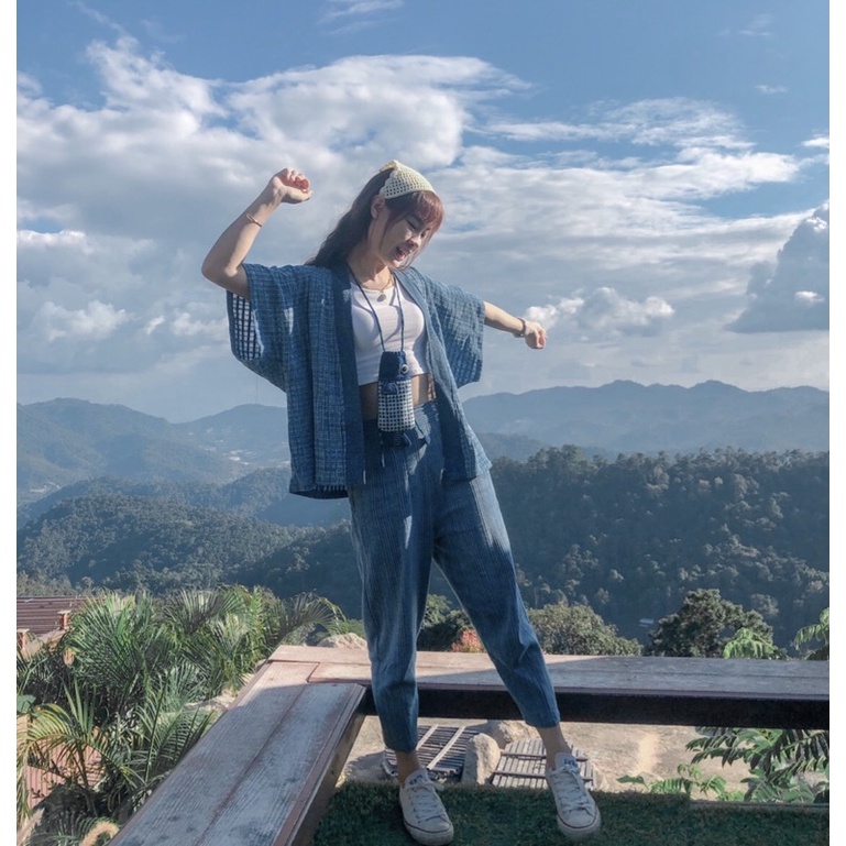 เสื้อคลุมผ้าฝ้ายย้อมคราม กางเกงบอลลูน สโตนวอช ชุดพื้นเมือง