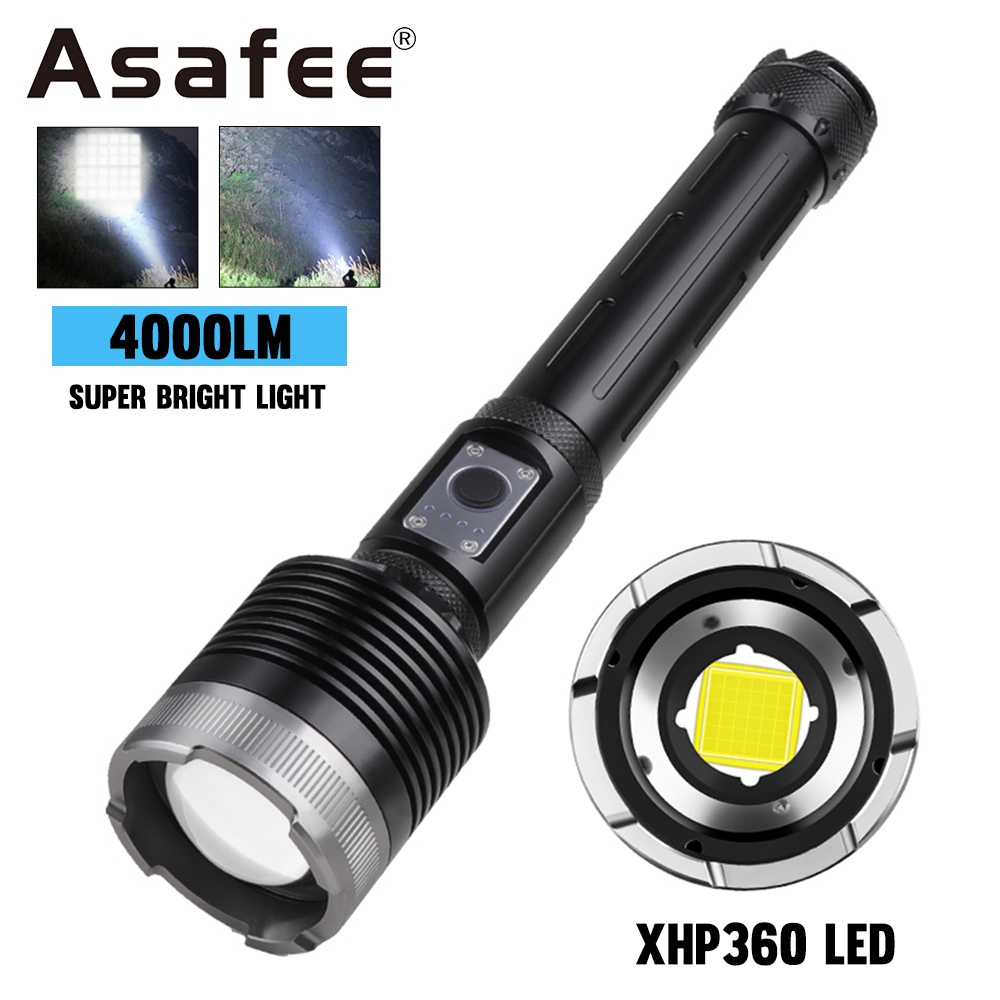 Asafee 9116B ไฟฉาย LED 4000LM ซูมได้ 36 แกน XHP360 ชาร์จ USB กันน้ํา สําหรับตั้งแคมป์