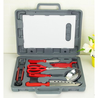 มีพร้อมส่ง📢 ชุดมีดตั้งแคมป์กระเป๋าอุปกรณ์มีดเขียงและชุดเครื่องมือcamping Kitchen tool set 7pcs มาพร้อมกระเป๋าพกพา