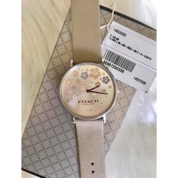 (ผ่อน0%) ⌚️ นาฬิกาผู้หญิง หน้าปัดดอกไม้ สายหนังสีครีมนู๊ดๆ 14503326 หน้าปัด 36mm Coach Perry Stone Leather Ladies Watch