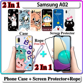 2 IN 1 เคส Samsung A02 เคส พร้อมกระจกนิรภัยโค้ง ป้องกันหน้าจอ เซรามิค ลายแมว และโดราเอมอน