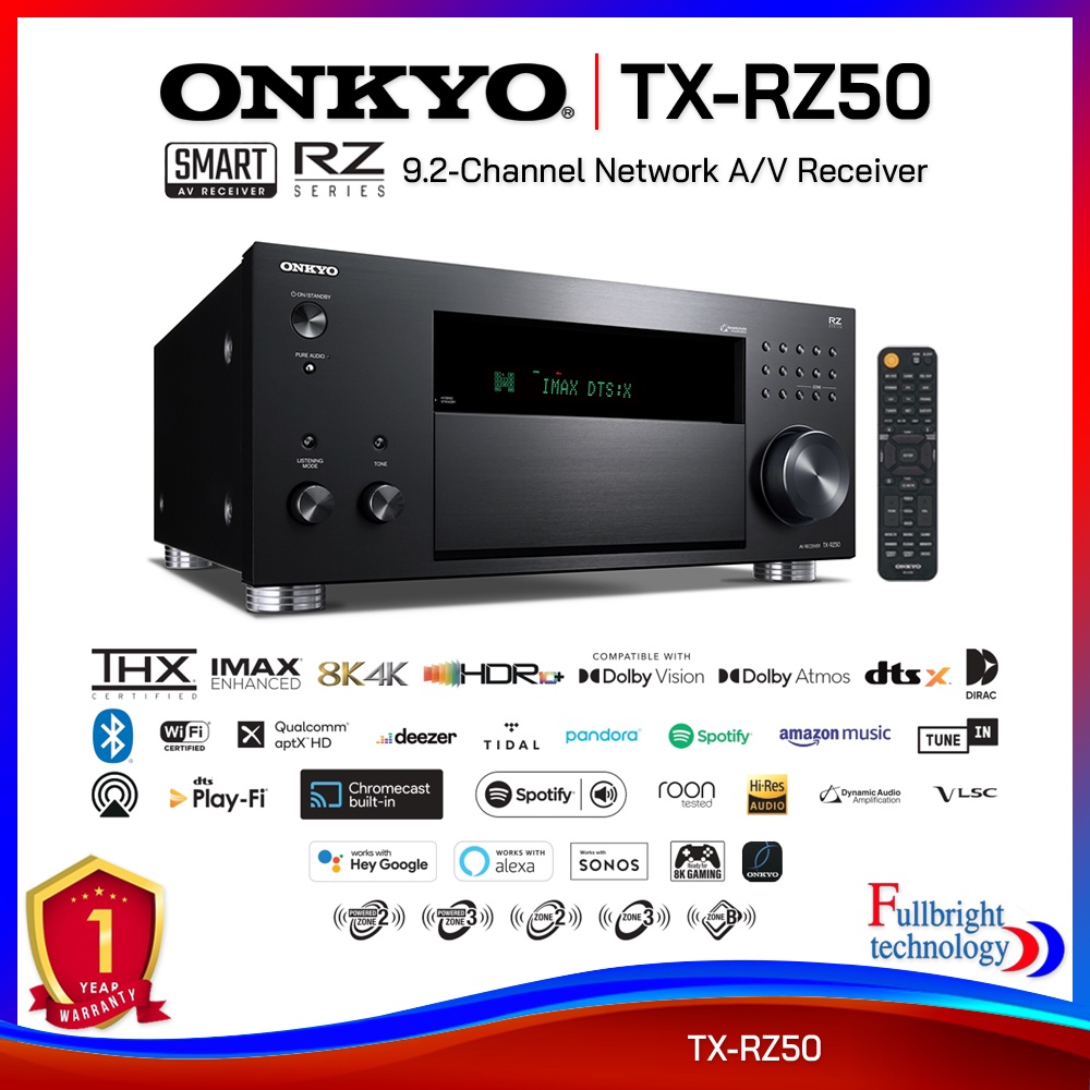 Onkyo TX-RZ50 9.2-Channel Network A/V Receiver 250 W/Ch รองรับการเชื่อมต่อ 4K, 8K, ประกันศูนย์ 1 ปี