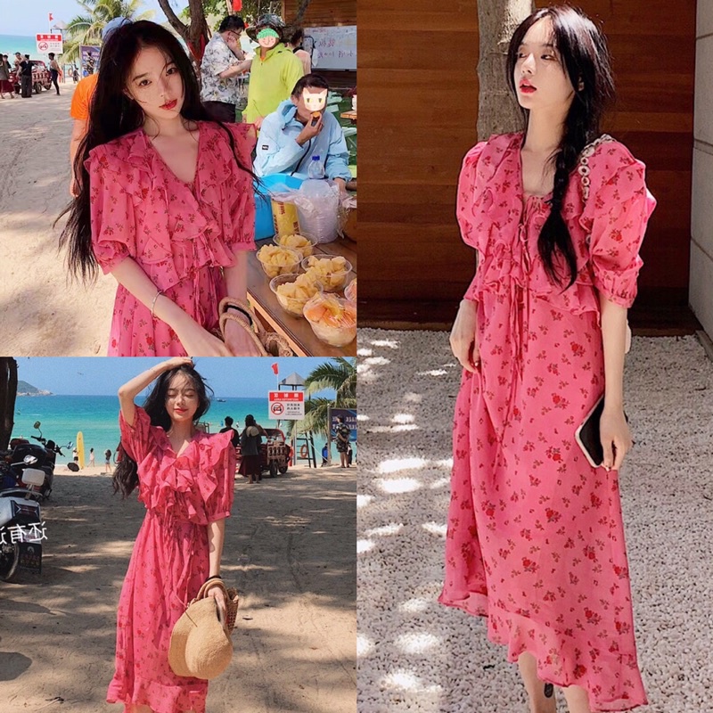 พร้อมส่ง Maxi Dress เดรสลายดอกไม้ โทนสีชมพู ผ้าชีฟองแต่งระบาย ทรงoversize ชุดลายดอกไม้ งานป้าย