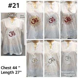 เสื้อคอตต้อนขาวปัก​โอม​ปักสวยเด่น​แขนยาวคอจีน อก​44" ยาว​ 28"