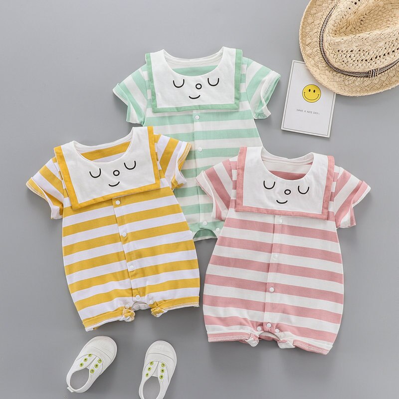 Cotton Baby Romper Lovely Striped Single Breasted Short Sleeve Pajama