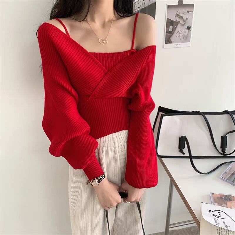 ส่งทันที Cici(NO. 868-1)เสื้อไหมพรมแขนยาว สายเดี่ยวด้านในเบาๆ เย็บติดกัน - รูปที่ 3