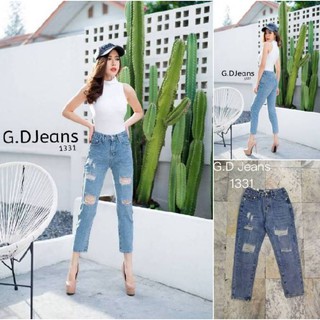 G.D.Jeans รุ่น 1331#กางเกงยีนส์แฟชั่นขายาวผ้าด้านทรงบอยสีฟอกแต่งขาดเก๋ๆ