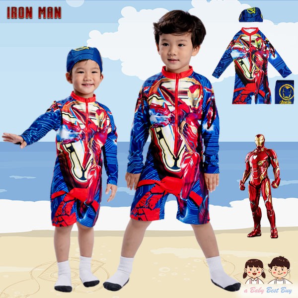 ชุดว่ายน้ำเด็กผู้ชาย Iron Man บอดี้สูทเสื้อแขนยาวกางเกงขาสั้นซิบหน้า มาพร้อมหมวกว่ายน้ำและถุงผ้า ลิขสิทธิ์แท้