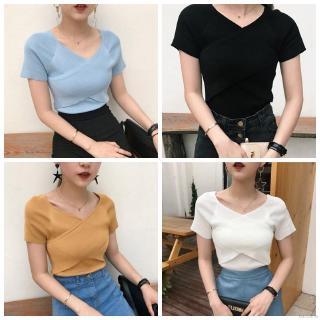 FELICELIFE เสื้อยืดคอวีแขนสั้นผ้าถักสำหรับผู้หญิง
