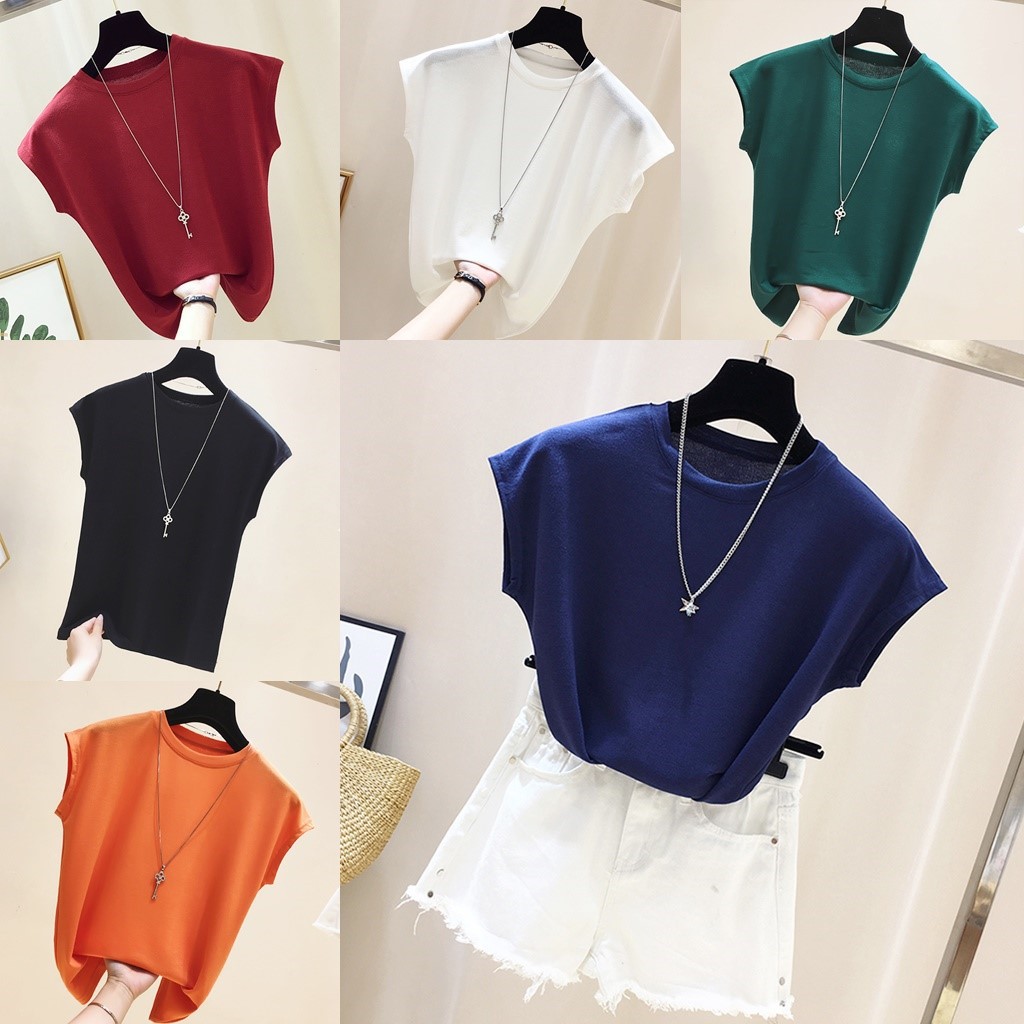 Korean เสื้อแขนกุด คอกลม ผ้าไหมพรมบาง สีพื้น 6 สี เหมาะใส่เล่น