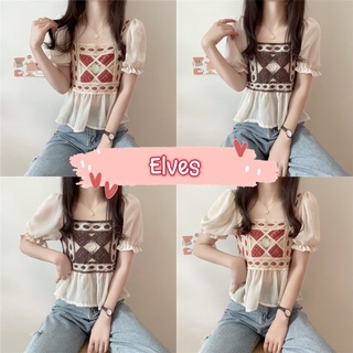 Elves✨พร้อมส่ง✨  เสื้อถักไหมพรม แขนสั้น ดีเทลแขนซีทรูเอาๆน่ารักสไตล์ โบฮีเมี่ยน ~19011~ -C