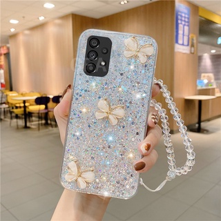 New เคสโทรศัพท์ Samsung Galaxy A53 5G / A13 4G / A33 5G / A73 5G 2022 Fashion Bling Diamond Silver Three Butterflie with Bead Hand Rope Soft Case Cover เคส SamsungGalaxyA53