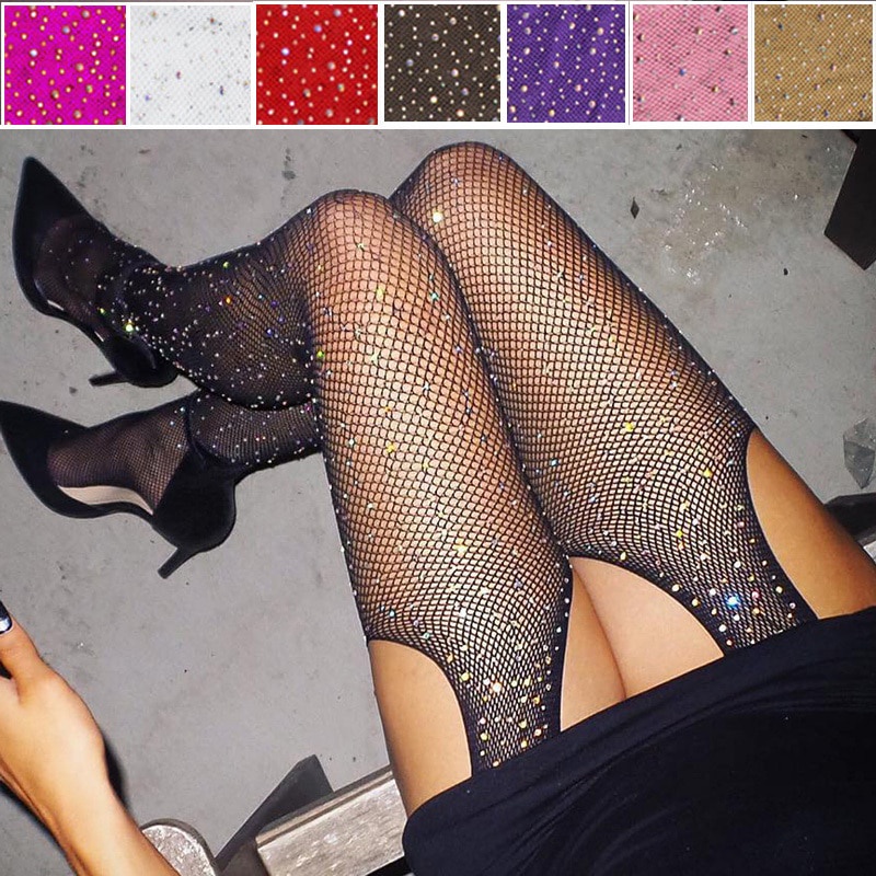 Women Rhinestone Fishnet Sexy Erotic Lingerie Stockings Open Crotch Mesh Tight High Pantyhose Party Club Diamond Stockings