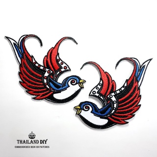 ตัวรีดติดเสื้อ ตัวรีดนกคู่ นกนางแอ่น งานปัก สวย Tattoo Swallow Bird Patch WOP DIY ลายสัก ตัวรีด นก อาร์มติดเสื้อ ยีนส์