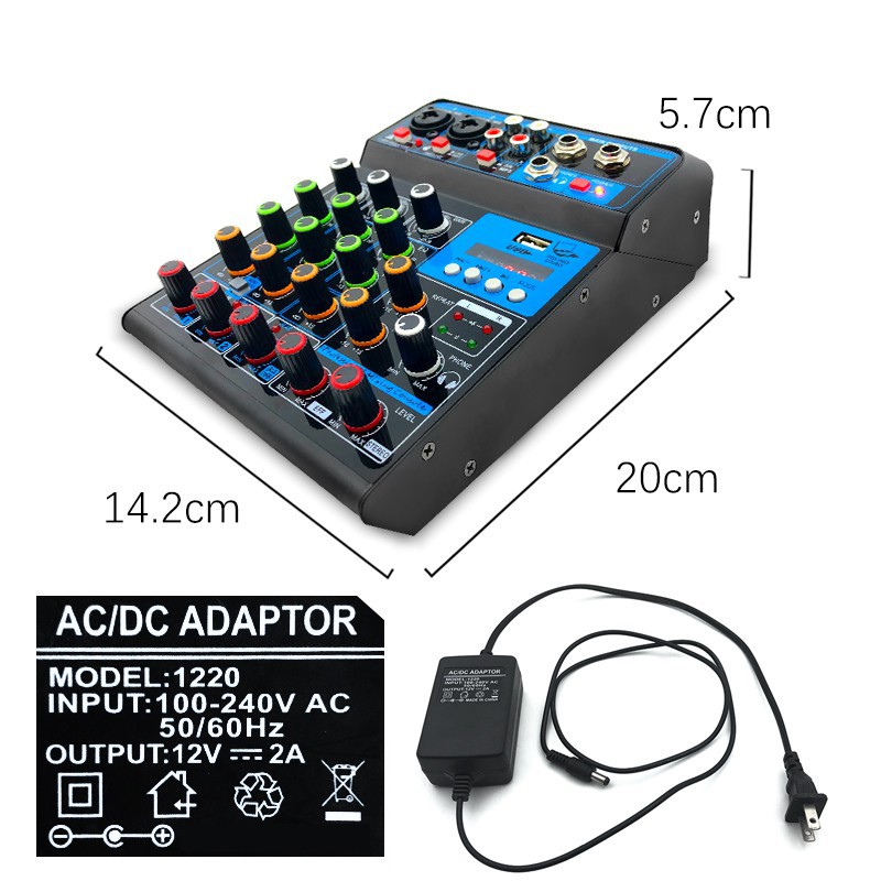 ☾♛✥OP4-BLUE Audio Mixer 4 Channels Mini Musical Multifunctional PC Interface Mixing Console DJ Built-in