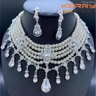 Vintage jewelryเลียนแบบมุกต่างหูเพชรสร้อยคอมุกสร้อยคอปาร์ตี้ชุดสีเงิน Pearl necklace