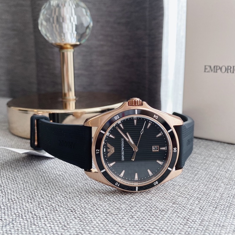 👑ผ่อน0%~แท้100%👑 นาฬิกาข้อมือ EMPORIO ARMANI  Sigms Rose Gold-tone Black Silicone Men's Watch AR1110