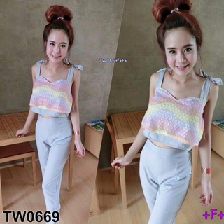 B0669 Set 2 ชิ้น เสื้อครอปลูกไม้สีพลาสเทลผูกไหล่+กางเกง..Set of 2 pieces. Pastel color lace crop top with shoulder tie +