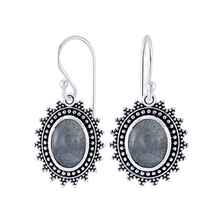 SILVER THAI  abradorite earrings silver oval flower dangle designต่างหูลาบราโดไรท์เงินแท้925ทรงรีเป็นรูปดอกไม้