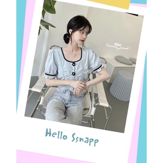 *พร้อมส่ง* 🤍💙 Western style contrast color pleated small shirt เชิ้ตกระดุมหน้า กิมมิคดอกไม้
